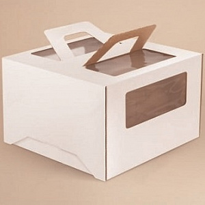 Коробка для торта с окном и ручками (белая), 220х220х150 мм